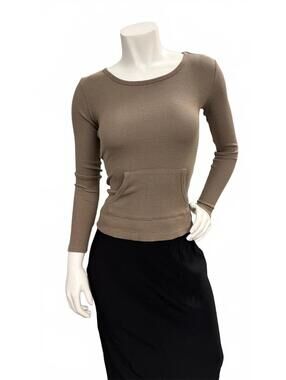Rebecca Beeson Thermal Knit Top Tan Long Sleeve Pocket Front Waffle Knit